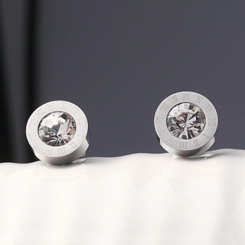 Roman Numeral Stainless Steel Silver Stud Earrings - Picture 2 of 3